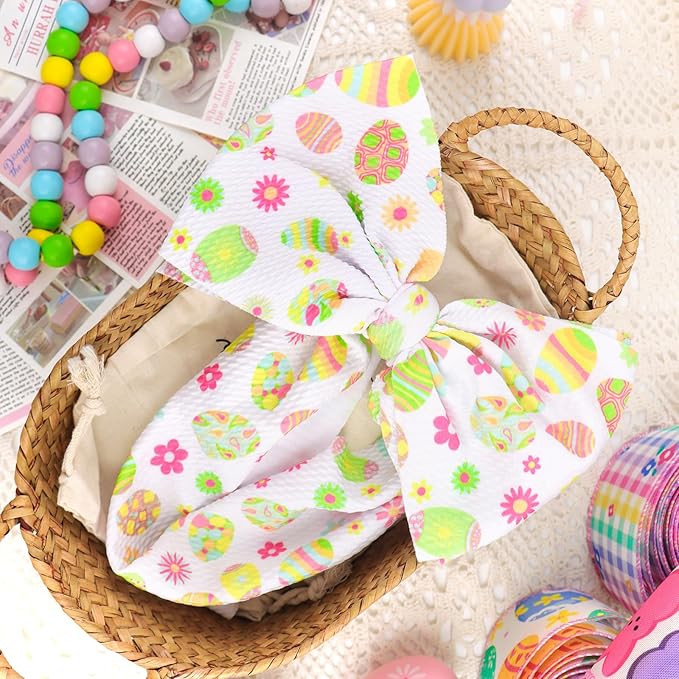7” Easter Baby Girls Bows Pink White Eggs Bunny Headbands for Newborn Infant Girls Elastic Tied Hairbands Hair Bows Easter Hair Accessories for Gift