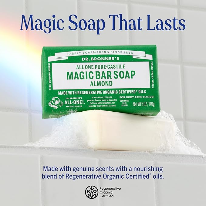 Dr. Bronner's - Pure-Castile Magic Bar Soap (Almond, 5 oz, 6-Pack) - Made with Regenerative Organic Certified Oils- For Face, Body & Hair, Gentle, Vegan Bath Soaps for Men & Women, Non-GMO