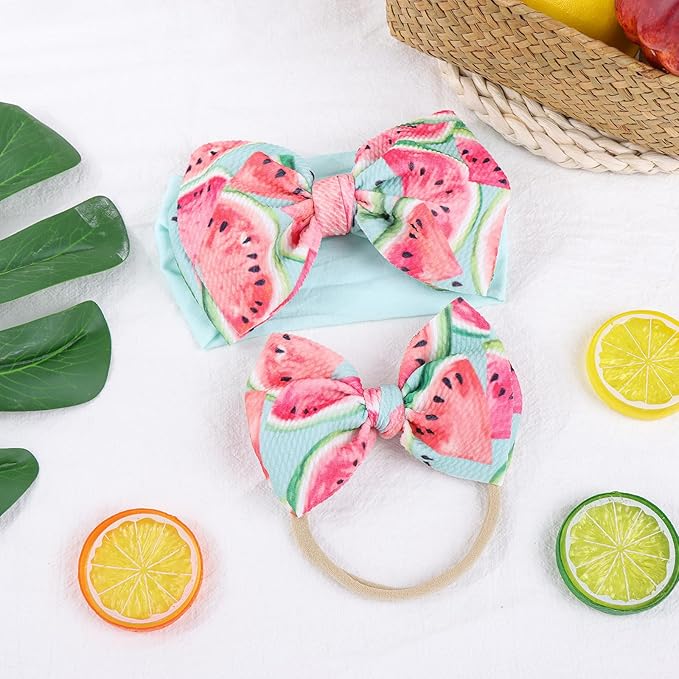 4.5'' Baby Bows Handmade Headbands 6'' Printed Tied Bow Elastic Nylon Hair Accessories for Baby Girls Newborn Infant 2 Pcs Aqua Watermelon