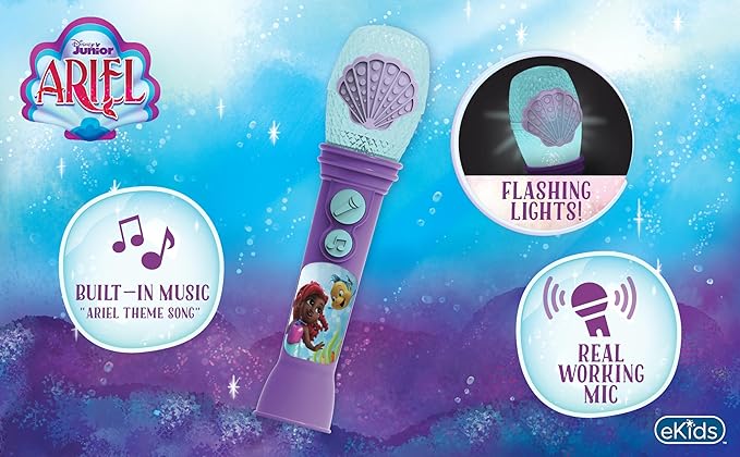 eKids Disney Junior Ariel Microphone Toy for Toddlers, Includes Built-in Music and Lights, Designed for Fans of Ariel Toys