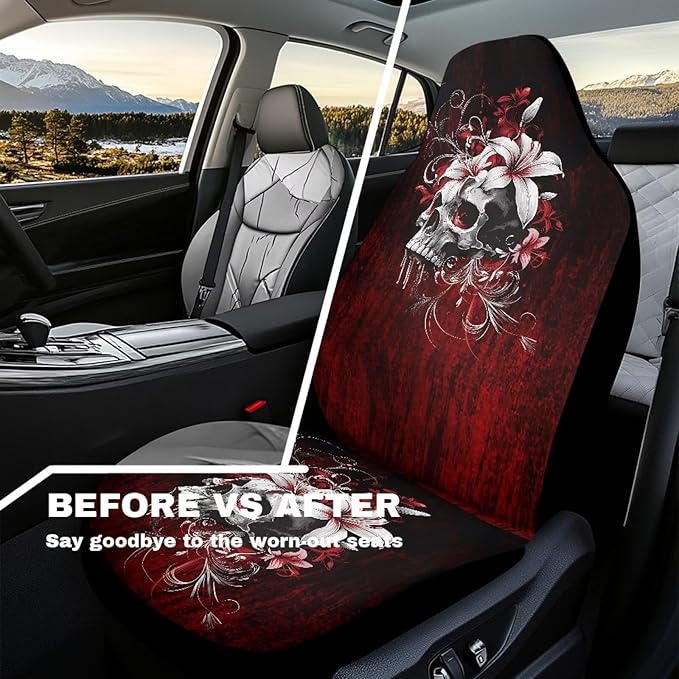 Skull Car Seat Covers for Front Seat Waterproof Car Seat Cover Protection Interior Accessories Easy to Install and Clean Universal for Cars Truck SUV Van