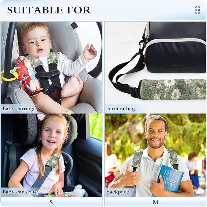 2 Pack Seatbelt Covers Seat Belt Cover Pad for Adults Boys Girls Car Seat Strap Covers Pads Cushion Universal Shoulder Strap Pad Protector for Backpack Camera Bag 10x7.7Inch Summer Daisy Butterfly Gre
