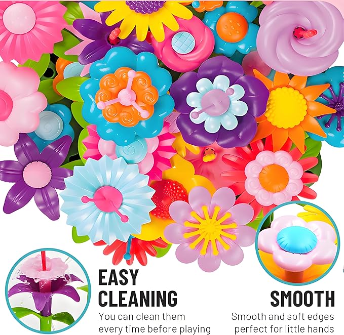 FUNZBO Girl Flower Garden Building Toys Set - Birthday Gifts for Age 2 3 4 5 6 Years Old Girls, STEM Montessori Educational Toy for Toddler Kids, Sorting & Stacking Spring Gardening Set