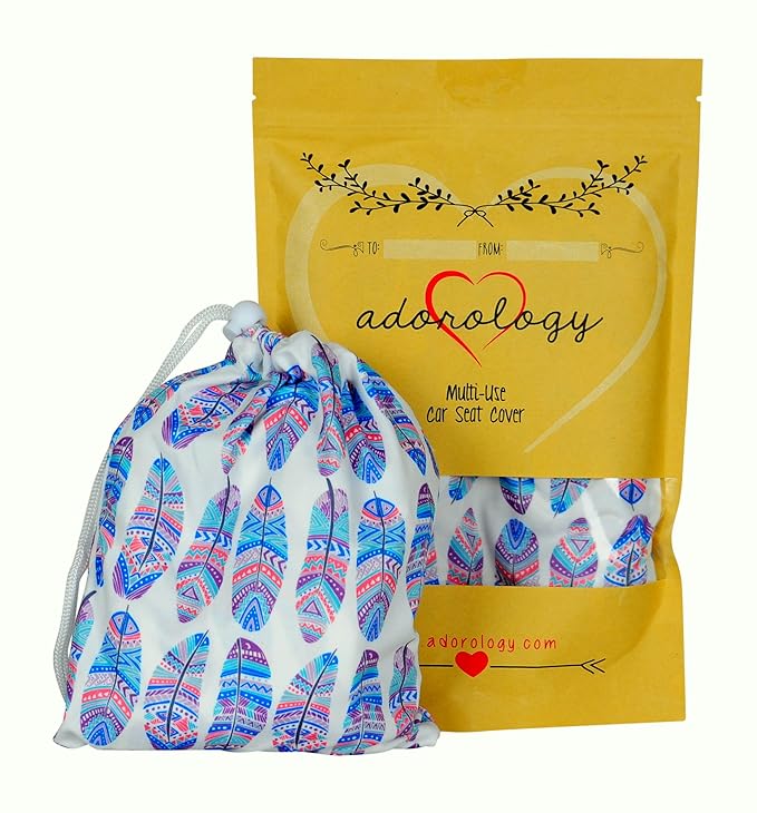 Baby Car Seat & Nursing Cover & Drawstring Carry Bag in Cute Feather Design Shower Gift Breathable Stretchy Universal 4 in 1 Multi-Use Infant Carseat Canopy Covers Shopping Cart High Chair Stroller