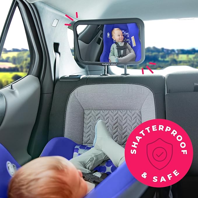 Todays Kids Baby Car Mirror for Back Seat Rear Facing - 360-Degree Adjustable Backseat Baby Mirror for Car, Extra Wide & Crystal Clear Car Mirror Baby Rear Facing Seat - Fully Assembled & Shatterproof