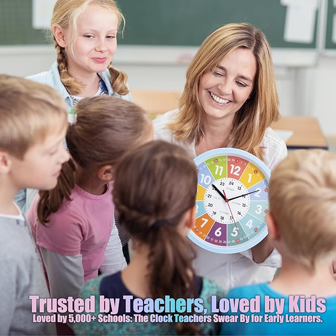 Learning Clock for Kids – Silent Classroom Clock Telling The Time Teaching Toddler Boys Analog for Kid's Room Classroom School Playroom, Blue