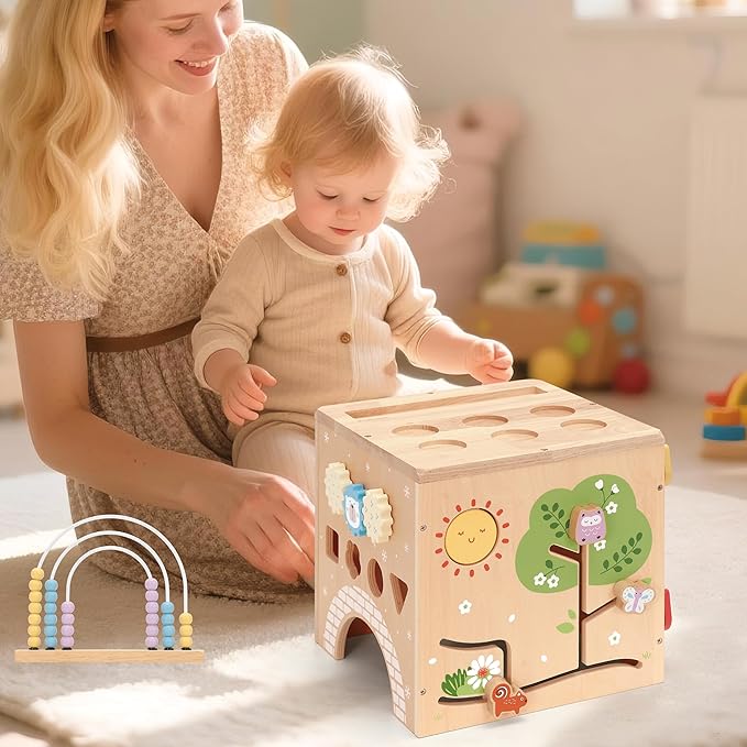 Wooden Activity Cube 9-in-1 Montessori Busy Board Toy | Educational Sorting Play Center for 1+ Year Old Toddlers | First Birthday for Boys Girls