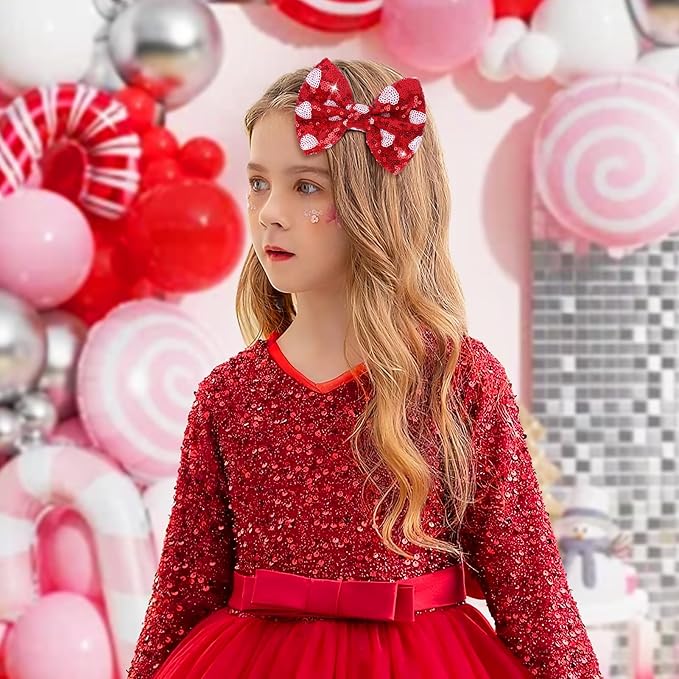 Valentine's Day 5 Inch Glitter Hair Bows Clips Large Sequins Bow Hair Clips Red Pink Love Heart Hair Barrettes Hair Accessories for Girls Children Kids 2Pcs
