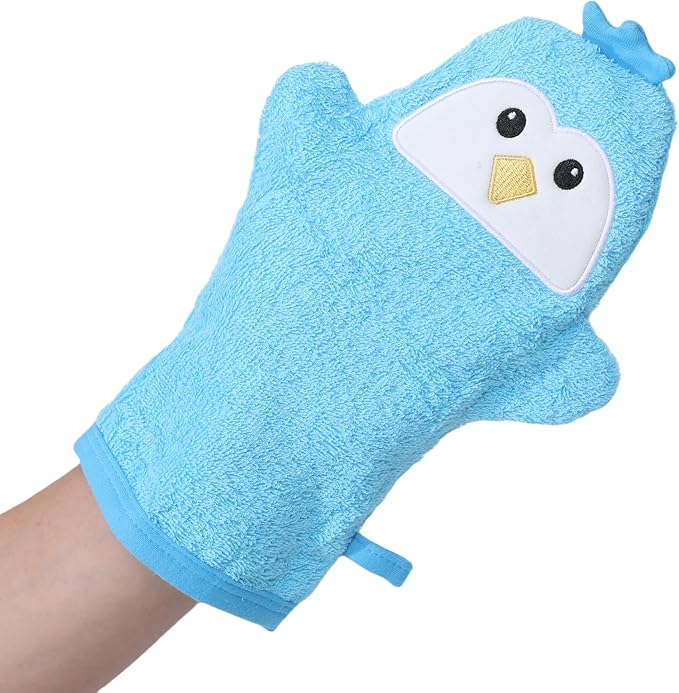 JN&LULU Baby Organics Bath Mitt Toddlers Bath Cotton and Soft Scrub Bathing Loofah Baby Shower Gifts(Blue Penguin)