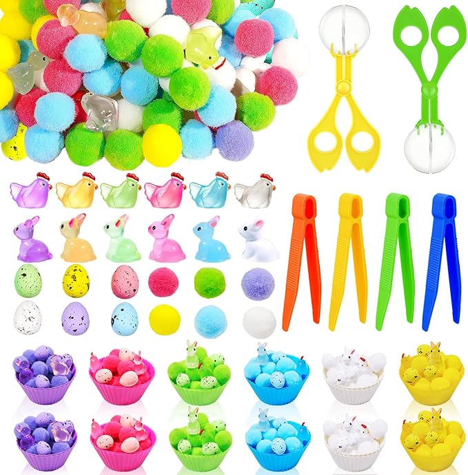 Bbiamsleep 318 Pcs Easter Sensory Bin Filler Fine Motor Skills Spring Sensory Bin Items Counting Sorting Pom Poms Decorations Include Mini Rabbit Figurines for Easter Sorting Counting