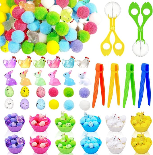Bbiamsleep 318 Pcs Easter Sensory Bin Filler Fine Motor Skills Spring Sensory Bin Items Counting Sorting Pom Poms Decorations Include Mini Rabbit Figurines for Easter Sorting Counting