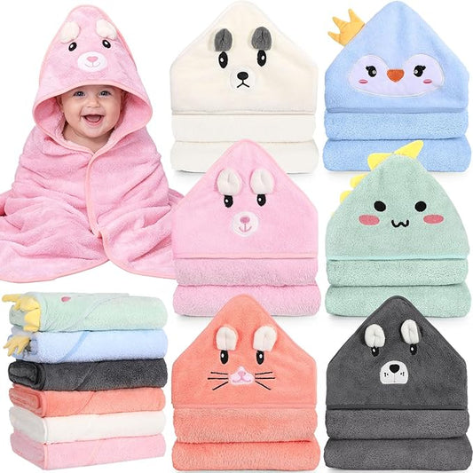 SmoothNovelty 6 Pack Baby Hooded Towels Infants and Toddlers Coral Fleece Baby Bath Towels 31.5 x 31.5 Inch Absorbent Cute Soft Newborn Bath Essentials Gifts for Boys & Girls(Multicolor,Stylish)