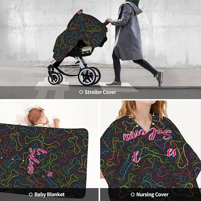 Custom Baby Car Seat Cover with Name – Personalized Dog Bone Nursing Cover, Infant Carseat Canopy, Shopping Cart Cover – Soft, Breathable & Warm – Ideal Shower Gift for Baby Girls & Boys