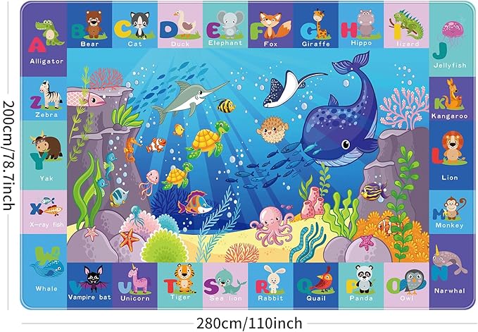 Baby Mat for Floor, Sea Animal Play Rug, ABC Kids Rugs for Playroom, Ocean Playmat Crawling Tummy Time Mat, Non-Toxic Non-Slip Foldable Mats (110.2X78.7 INCH)