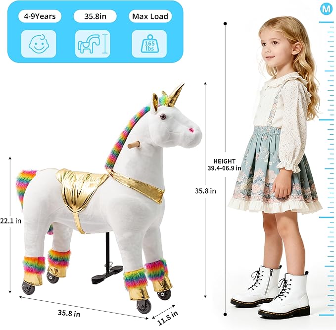Pipleo Ride on Unicorn Toy for Kids 4 to 9 Years, Unicorn Ride on Toy, Ride on Unicorn Mechanical Plush Animal, No Battery or Electricity, Max Load 165 LBS - Color