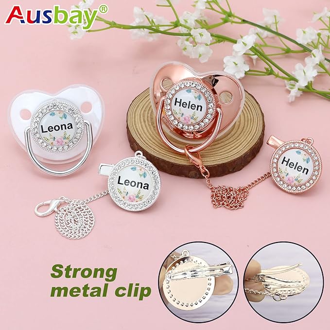 Personalized Pacifier with Name, Bling Gold Pacifier Clip Set Storage Box, Customized Glitter Crystal Luxurious Soother Ideal Gift for Boys Baby Shower Photography Newborn (Pink-Golden)
