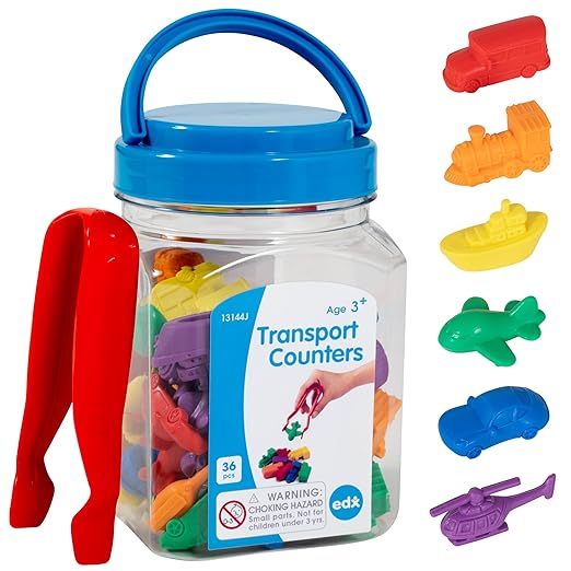 edxeducation Transport Counters | Mini Jar | Set of 36 | Learn Counting, Colors, Sorting and Sequencing | Early Math Manipulative for Kids