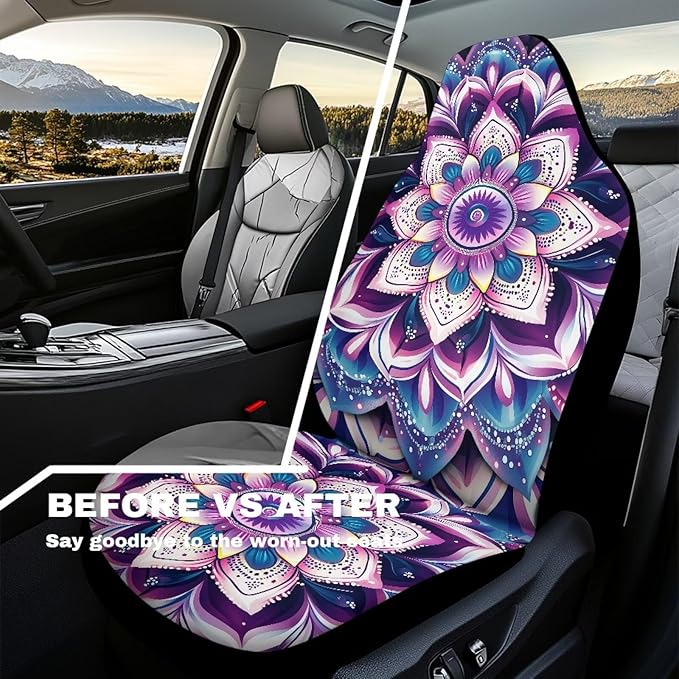 Purple Mandala Waterproof Car Seat Cover Anti-Slip Back Fabric Automobile Front Seat Covers Easy to Install All-Season Protection Universal Vehicle Accessories