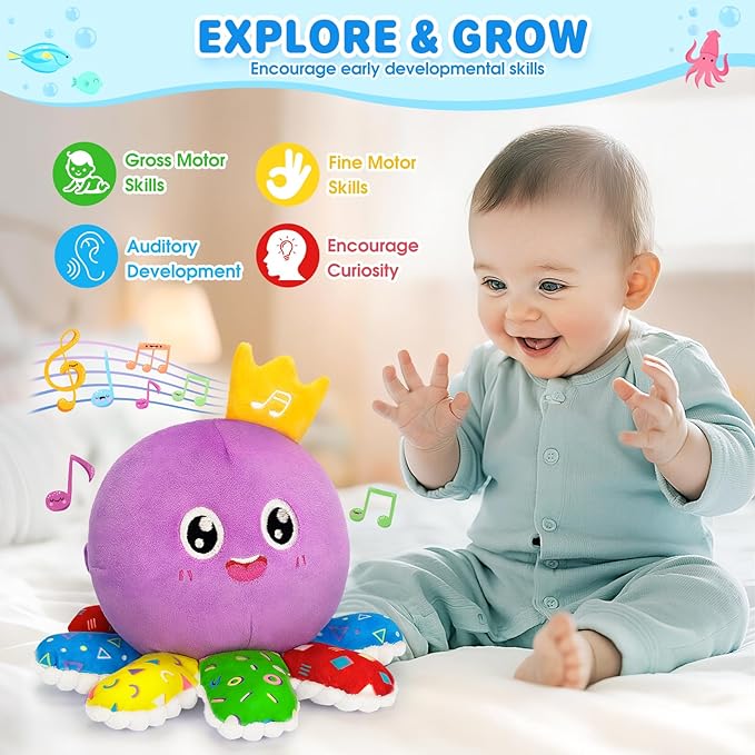 IJIGU Baby Toys 6-12 Months, Infant Musical Crawling Octopus Plush Toy, Interactive Tummy Time Sensory Toy for Babies 6-18 Months, Toddler Gift for Boys Girls