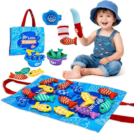 Montessori Toys for 1 Year Old Boy Girl Birthday Gift- Cloth Fishing Game for Toddler1-3 with Stacking Cups Number Color Counting, Learning Educational Toys Baby Toys 12-18 Months