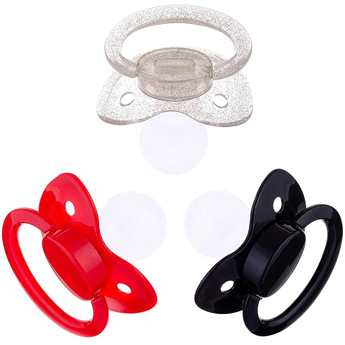 J&Or The Classic Original Adult Sized Pacifier Dummy - Three Color Pack: Transparent Sparkling Glitter | Black Mamba | Mad Red