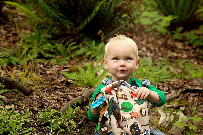Baby Sensory, Security & Teething Closed Ribbon Tag Lovey Blanket with Minky Dot Fabric: 14”X18” (Forest)