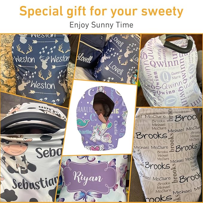 Personalised Infant Car Seat for New Parents - Purple Horse Print Baby Carseat Cover, Breast Feeding Cover, Multi-Function pad for Boys Girls - Christma Gift for Parent Babies(27"x29")