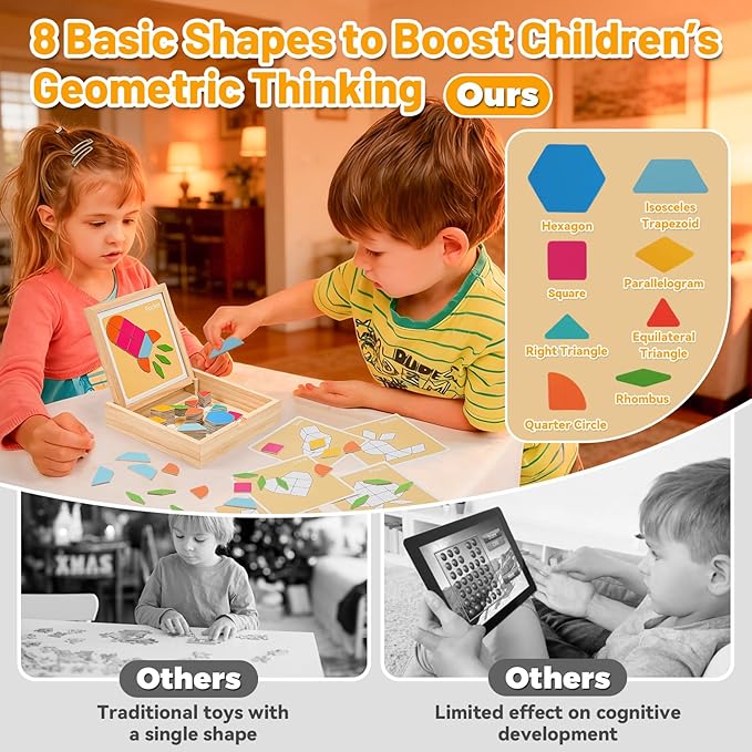 130 Pcs Wooden Magnetic Pattern Blocks Set, Montessori Tangram Puzzle with Pattern Cards & Storage Box, STEM Educational Toy for Toddlers & Kids Ages 4–8, Creative Gift for Boys & Girls