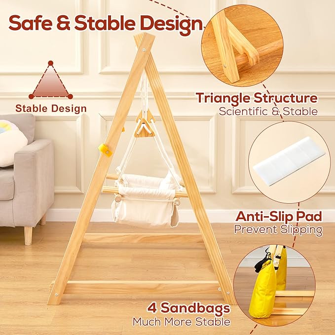 FUNLIO Montessori Wooden Swing Set for Toddlers 6-36 Months, Foldable Indoor Baby Swing Set of Durable Pine, Portable with 4 Sandbags &Extension Straps, Toddler Swing for Indoor/Outdoor
