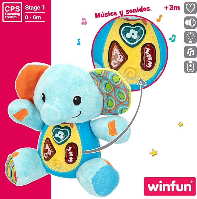 winfun ColorBaby 85178 Talking Plush Toy for Babies, Colourful Lights, Language: Spanish Elephant