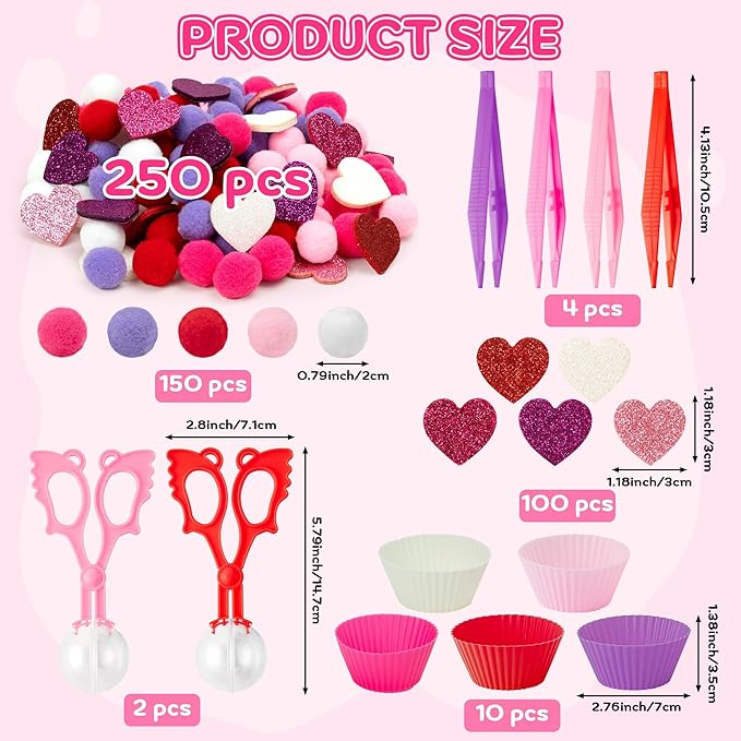 EZdhuawuse Valentines Sensory Bin Fillers - 267P Valentine’s Day Gift Fine Motor Toys Counting Sorting for Kids, Counting Toy with Shiny Heart Pink Pom Poms Cup Clip for Preschool Education Activities