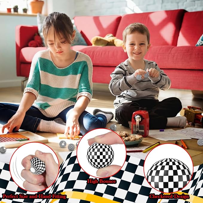 Sotiff 24 Pcs 1.26 Inch 32mm Mini Race Car Stress Bouncy Balls Bulk Checkered Rubber Bounce Balls Bulk for Party Favors, Goodie Bag Fillers, Easter Gift Bag Stuffers, Basket Stuffers, Classroom Prizes