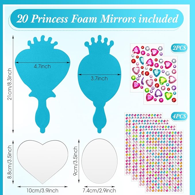 Geetery 20 Pcs Unbreakable Kids Mirror DIY Decorate Your Own Princess Mirror Mermaid Princess Foam Small Crafts for Princess Party Decorations(Blue)