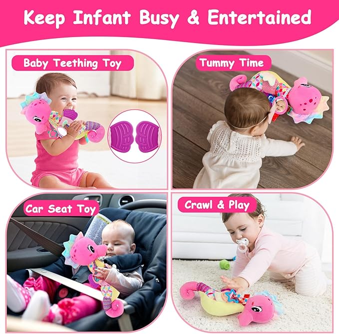 Baby Girl Toys 0-6 Months Musical Seahorse Stuffed Animal Tummy Time Toys Infant 3-6 6-12 Months with Baby Mirror Sensory Newborn Crinkle Developmental Toy Birthday Shower Gifts 0-3 4 5 6 Month