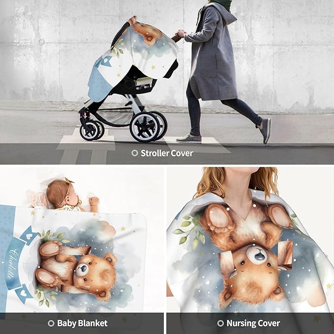 Personalized Baby Car Seat Cover Winter Custom Minky Carseat Cover Boy Girls with Name Bear Carseat Canopy Customized Car Seat Canopy Infant Carrier Covers Nursing Cover Toddler Blanket
