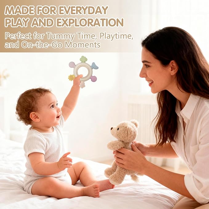 Baby Teether Ring for 0–12 Months, Detachable Wooden Silicone Teether with Easy-Grip Round Design, Sensory Teething Toy with Soft Textured Tips for Early Development