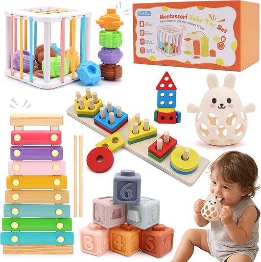 Baby Toys for 6-18 Months, 5-in-1 Montessori Educational Toy Set with Soft Teething Toy Stacking Blocks Rings Sensory Bin, Sorting Sensory Educational Learning Gift for Toddlers Aged 1-3