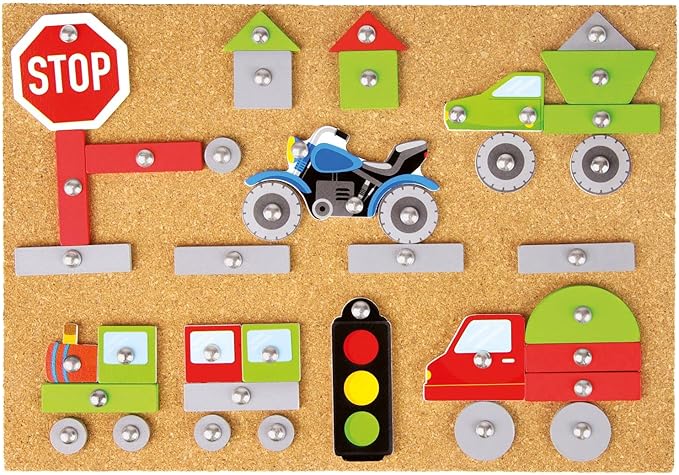 Lena 65826 Vehicles, 64 Coloured Parts in Different Shapes, Cork Base Plate, Approx. 28 x 19.5 x 1.4 cm, Nails, Hammer Game for Children from 3 Years