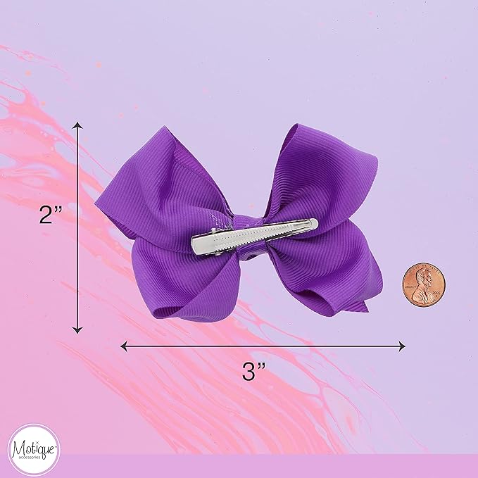 3 Inch Grosgrain Bow for Little Girls- Set of 2 (Purple)
