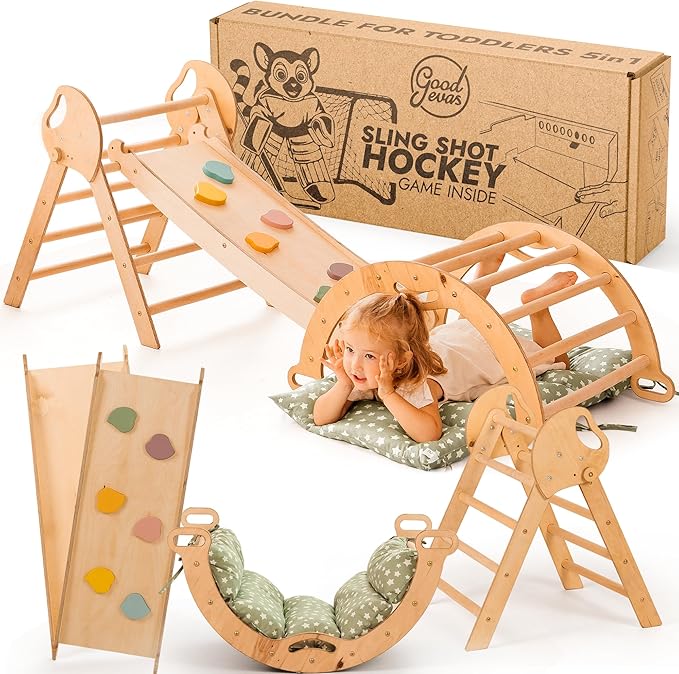 Goodevas 5-in-1 Toddler Climbing Toys Indoor Set - Pikler Triangle, Climbing Arch, Balance Cushion, Montessori Climbing Gym for Toddlers 1-3, Foldable Wooden Baby Activity Center, Jungle Gym for Kids