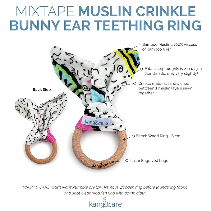 Kanga Care Baby Soft Muslin Sensory Crinkle Bunny Ear Wood Teething Ring - Radical 80's