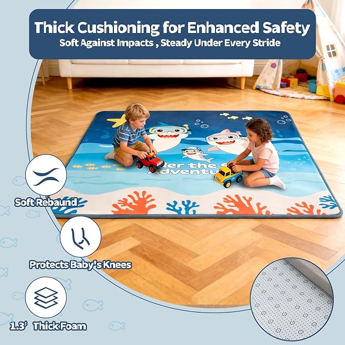 RONGFA Baby Play Mat 50x50x1.3 Inch, Memory Foam Crawling Mat, Non-Slip Water-Repellent Playpen Mat, Soft Cushioned Floor Mat for Infants Toddlers (Sea)