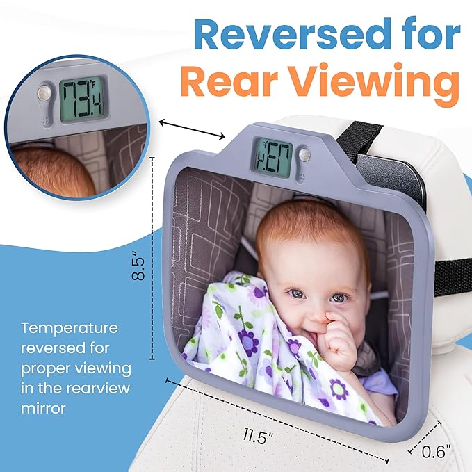 Theromirror - Baby Car Mirror with Temperature Display, Rear Facing Car Seat Mirror, Newborn Essentials, Wide Angle (Gray)