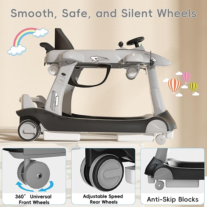 Betterhood 6-in-1 Foldable Baby Walker with Adjustable Height & Speed, Airplane-Themed Activity Push Walker with Music & Lights, Wheels, Anti-Slip Design, Suitable for Boys & Girls Aged 6-18 Months