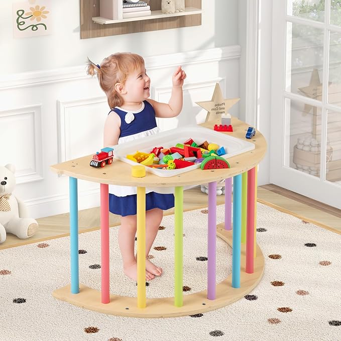 Costzon Wooden Arch Sensory Table for Kids, 6-in-1 Toddler Indoor Montessori Climbing Toys with Cushion, Foldable Storage Bin, Arch Climber Ladder Learning Playset for Kids Gift Presents