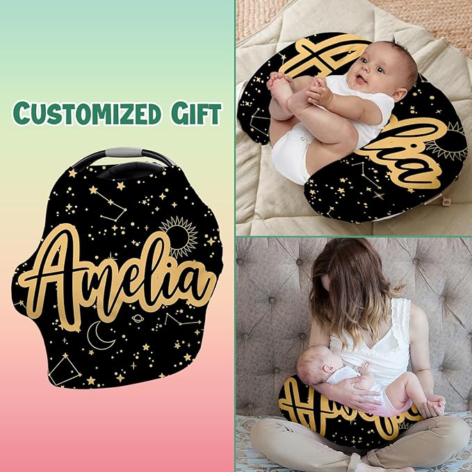 Custom Name Car Seat Canopy - Baby Car Seat Covers, Black Star Infant Stroller Cover, Carseat Canopy Christmas Birthday Gifts for Girls and Boys