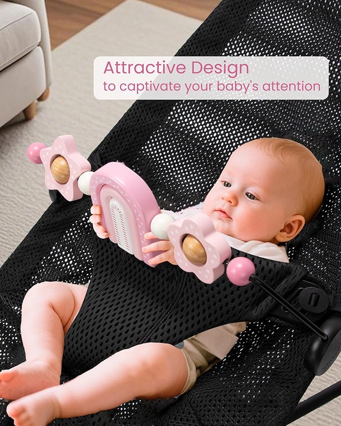 TinlyFinly Baby Bouncer Toy Bar Wooden Compatible with Baby Bjorn Bouncers, Bouncer Toy Attachment, Tight and Secure Fit, So Fun to Watch, Touch and Spin for Babies All Ages (Pink Rainbow)