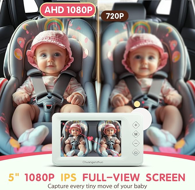 S100P Baby Car Camera with Ultra Night Vision, 5'' HD 1080P IPS Baby Car Monitor with 3X Zoom, Backseat/Carseat/Rear Seat Camera USB, Easy No-Damage Install, Safety for Infants and Pets (5 inch Green)