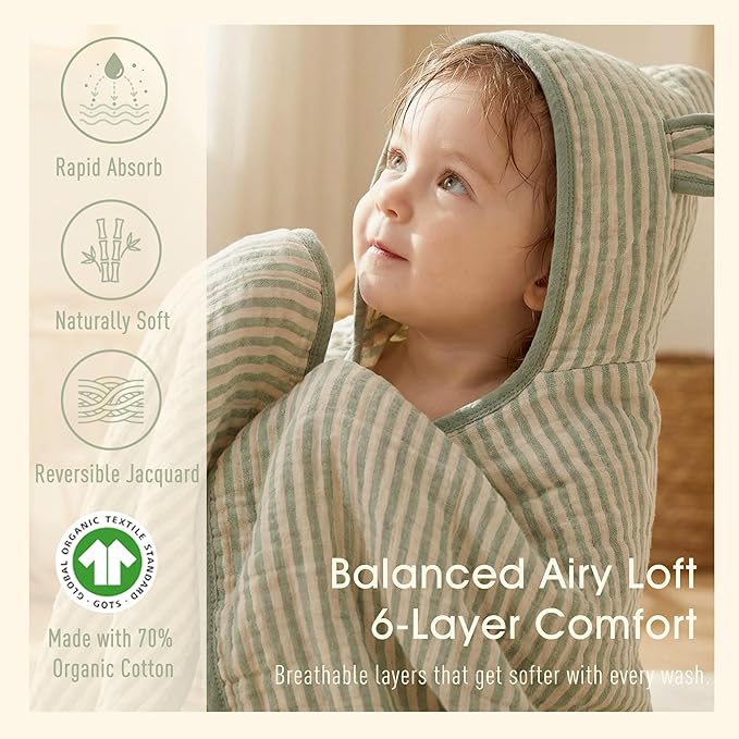 Ultra-Soft Muslin Toddler Hooded Towel – 55 x 28 Inches, Made with Organic Cotton, Gender-Neutral Sage Green Striped Jacquard Pattern, Ideal for Bath & Beach, Newborn to Toddler