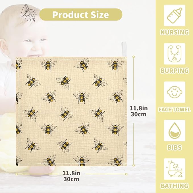 Bee Baby Washcloths Newborn Muslin Burp Cloths 3 Pack Soft Cotton Baby Face Bath Towel Drool Bibs for Infants, Girls and Boys 11.8 x 11.8 Inch